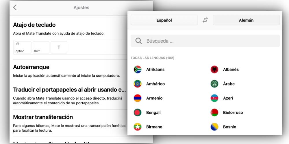 Ajustes e idiomas Mate Translate Mac