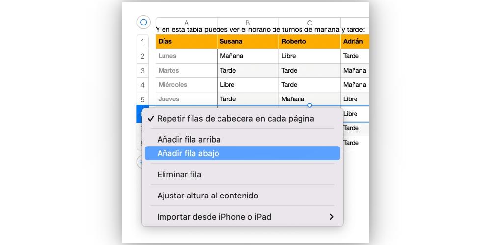 opciones tablas pages mac