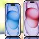 iPhone 15 de dos colores sobre fondo despejado y difuminado