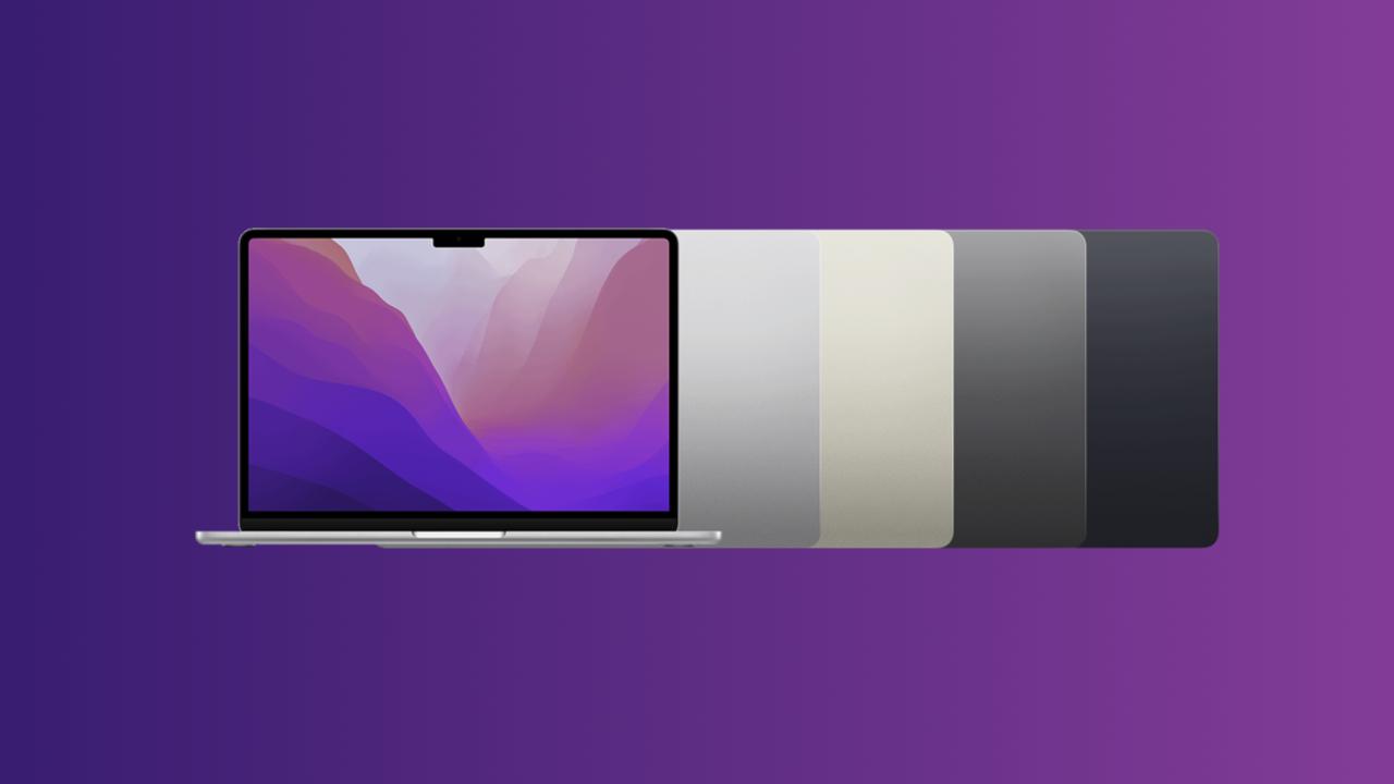 todos los colores de MacBook Air sobre fondo lila