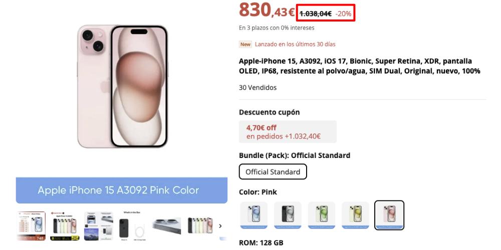 precio inflado iPhone 15 en aliexpress