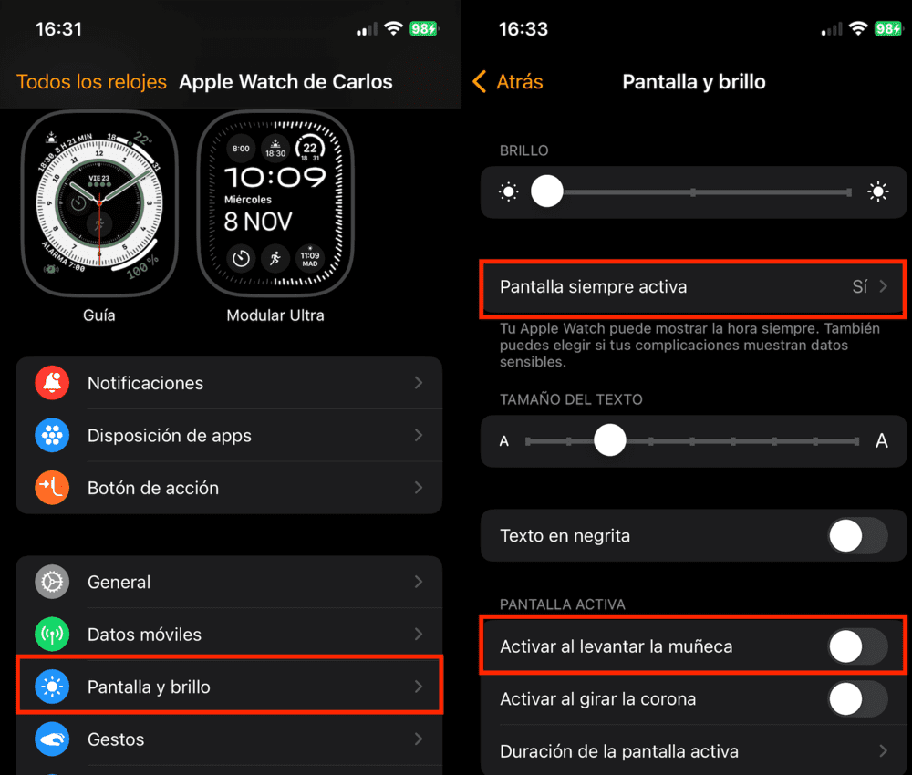 menu configuración pantalla apple watch