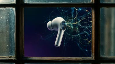Auricular tipo AirPods de color blanco con dos pequeñas lentes de cámara integradas en su parte exterior, flotando frente a un fondo de conexiones neuronales digitales.