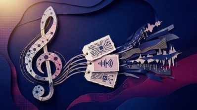 Ilustración conceptual con una clave de sol conectada a etiquetas con iconos de circuitos integrados y las siglas AI, representando la música generada por inteligencia artificial.
