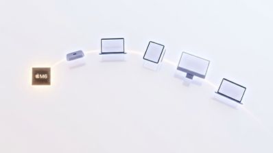 Representación gráfica del chip Apple M6 conectado mediante una línea de luz a diferentes dispositivos como Mac mini, portátiles MacBook, iPad e iMac dispuestos en arco.