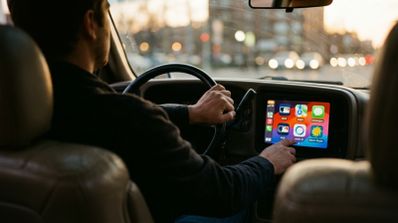 Persona pulsando el icono de Meta AI en la pantalla central de un coche con la interfaz de Apple CarPlay.