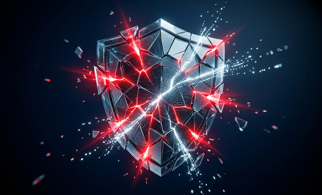Escudo digital de cristal fragmentado con grietas iluminadas en rojo y blanco sobre un fondo oscuro.