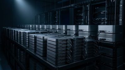 Filas y columnas de ordenadores Mac mini y Mac Studio apilados en estanterías de un centro de datos oscuro con cables conectados.