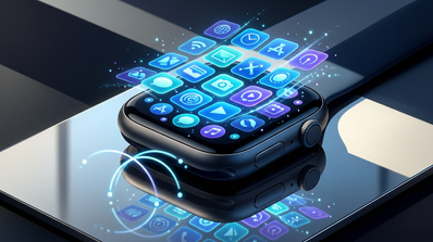 Ilustración de un Apple Watch con iconos de aplicaciones flotando sobre la pantalla en una cuadrícula tridimensional y efectos de luz neón.
