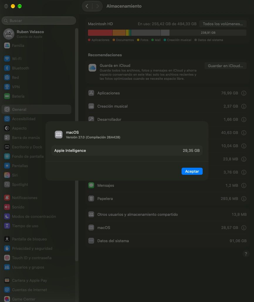 Panel de ajustes de almacenamiento en macOS detallando el espacio ocupado por Apple Intelligence.