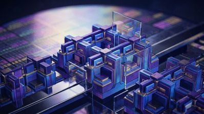 Representación abstracta y tridimensional de la arquitectura interna de un procesador con estructuras geométricas en tonos azules y púrpuras sobre una oblea de silicio.