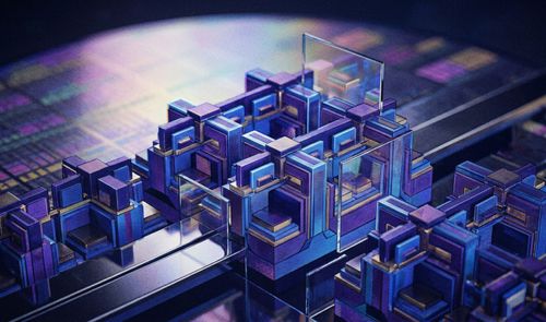 Representación abstracta y tridimensional de la arquitectura interna de un procesador con estructuras geométricas en tonos azules y púrpuras sobre una oblea de silicio.
