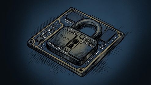 Ilustración conceptual de un componente electrónico con un candado cerrado integrado sobre un chip NAND.