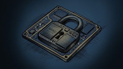 Ilustración conceptual de un componente electrónico con un candado cerrado integrado sobre un chip NAND.