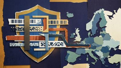 Ilustración de estilo collage que combina un escudo de protección con códigos de barras y un mapa de Europa sobre un fondo azul.