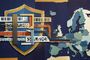 Ilustración de estilo collage que combina un escudo de protección con códigos de barras y un mapa de Europa sobre un fondo azul.