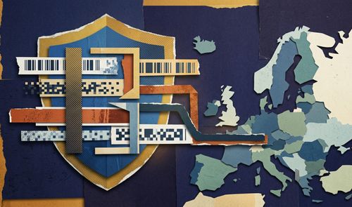 Ilustración de estilo collage que combina un escudo de protección con códigos de barras y un mapa de Europa sobre un fondo azul.