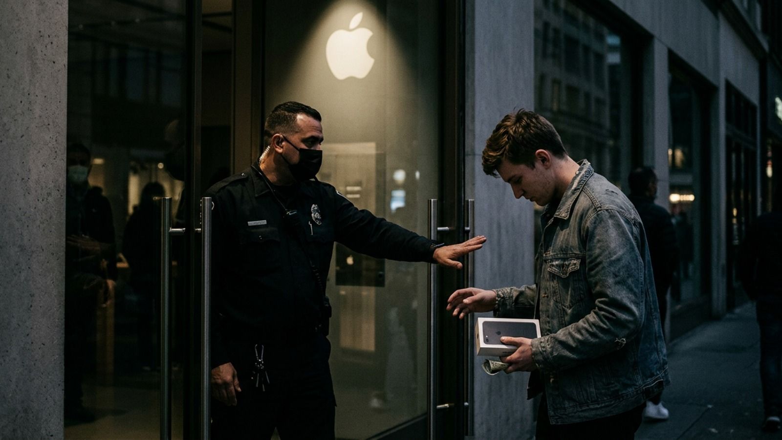 Representación de un guardia de seguridad que no deja entrar a un cliente a la Apple Store | Imagen no oficial, generada por IA