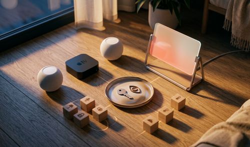 Conjunto de dispositivos Apple en el suelo, incluyendo HomePod mini, Apple TV y una pantalla inteligente experimental, rodeados de iconos de domótica grabados en madera.