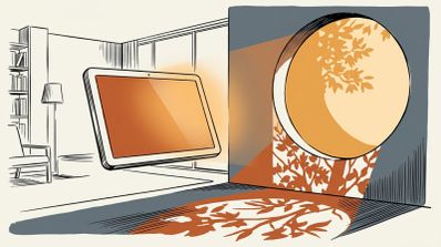 Ilustración de una pantalla inteligente en un salón que proyecta luz hacia una ventana circular con sombras de árboles.