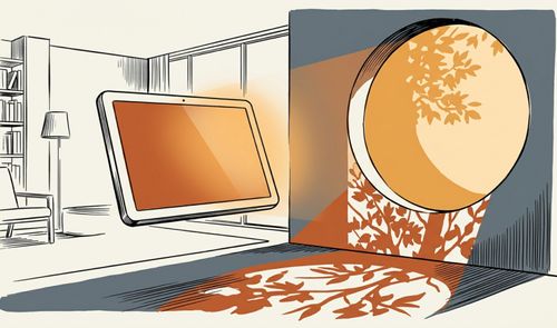 Ilustración de una pantalla inteligente en un salón que proyecta luz hacia una ventana circular con sombras de árboles.