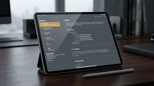 Tableta en un escritorio mostrando la aplicación Notas con estructura de Markdown, listas anidadas y secciones organizadas en modo oscuro.