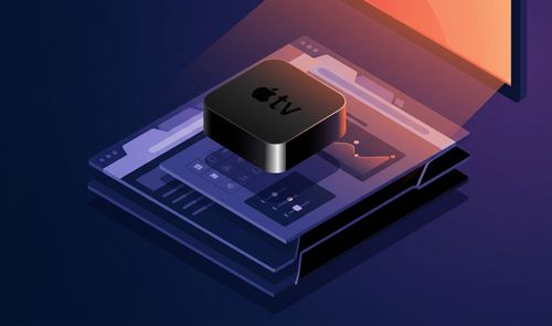 Ilustración conceptual de un Apple TV sobre ventanas de navegador superpuestas y una pantalla iluminada.