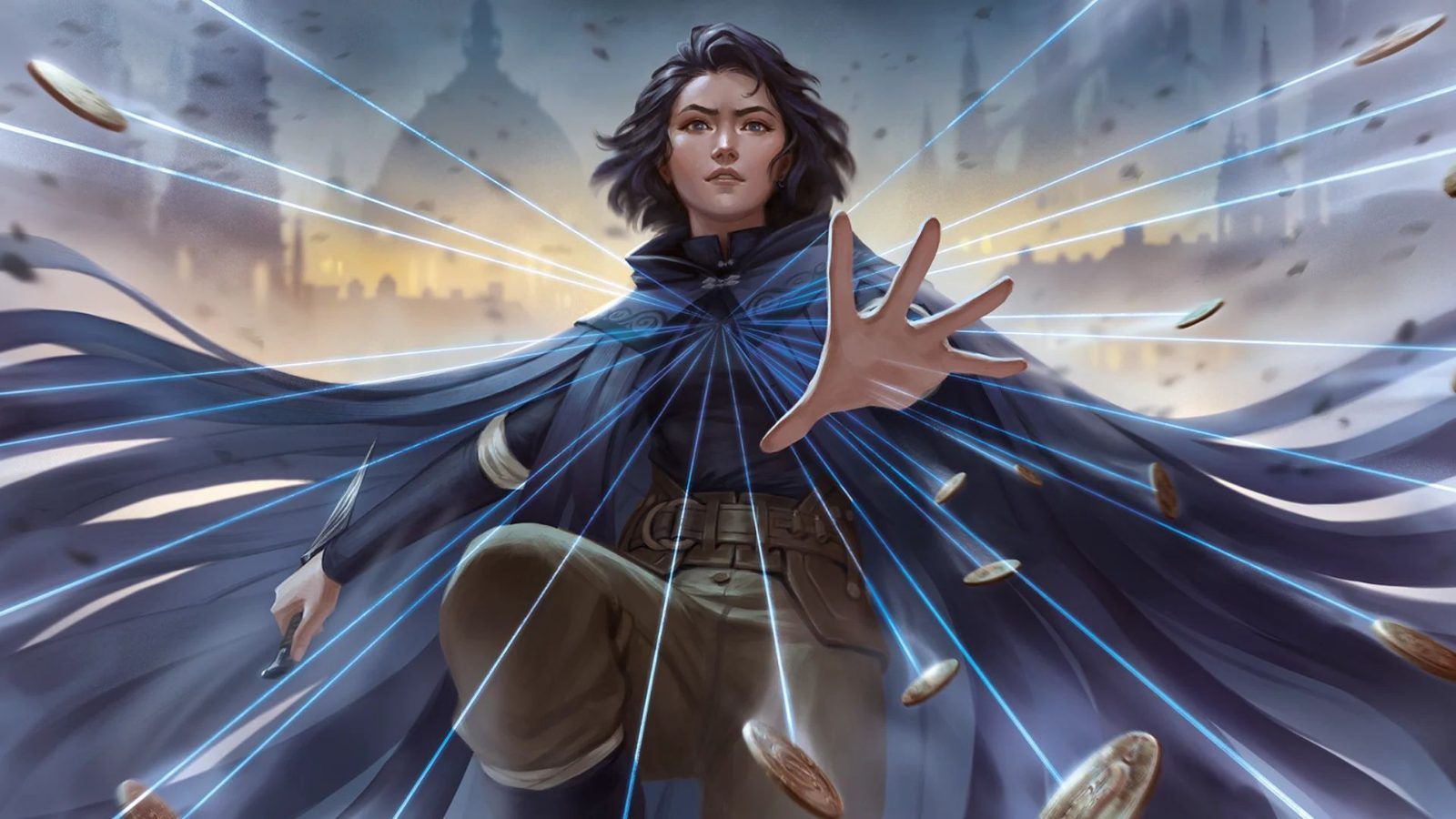 Ilustración de Vin, protagonista de Mistborn, con una capa de tiras y líneas de luz azul rodeándola mientras manipula monedas en el aire.