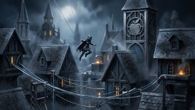 Personaje femenino con capucha saltando entre cables sobre una ciudad medieval oscura y neblinosa con una torre que muestra el logo de Apple.
