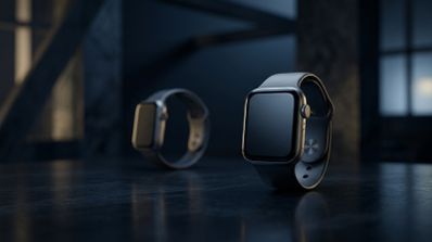 Dos relojes inteligentes Apple Watch con correa deportiva sobre una superficie oscura y reflectante.