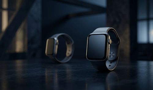 Dos relojes inteligentes Apple Watch con correa deportiva sobre una superficie oscura y reflectante.