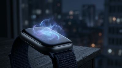 Primer plano de un Apple Watch Series 12 con una nube de partículas luminosas que emanan de su pantalla sobre un fondo urbano nocturno desenfocado.