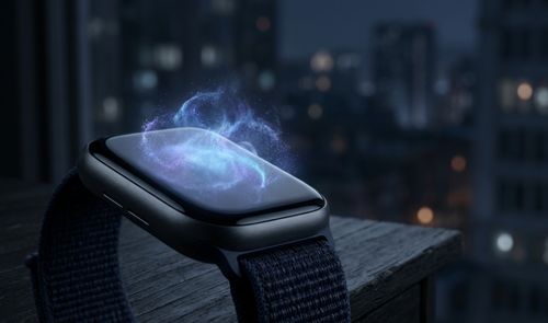 Primer plano de un Apple Watch Series 12 con una nube de partículas luminosas que emanan de su pantalla sobre un fondo urbano nocturno desenfocado.