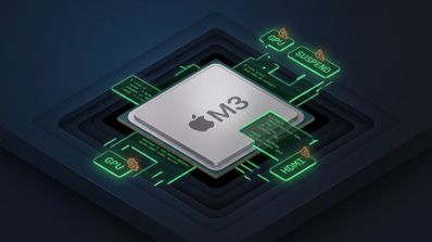 Representación conceptual de un procesador Apple M3 rodeado de indicadores de estado técnicos y líneas de código.
