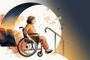 Ilustración en acuarela de una mujer en silla de ruedas frente a una rampa con barandilla, enmarcada por un gran círculo luminoso.