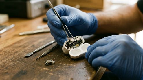 Primer plano de un técnico con guantes azules utilizando unas pinzas de precisión para manipular la batería circular interna de unos AirPods 5 abiertos sobre un banco de trabajo.
