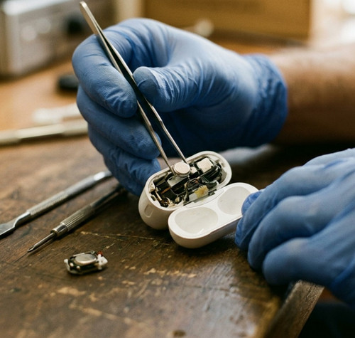 Primer plano de un técnico con guantes azules utilizando unas pinzas de precisión para manipular la batería circular interna de unos AirPods 5 abiertos sobre un banco de trabajo.
