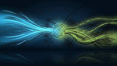 Ilustración conceptual de dos flujos de energía, uno azul y otro verde, convergiendo en un nodo central sobre un fondo oscuro.