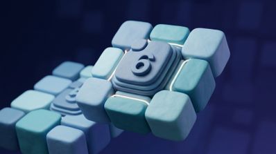 Ilustración tridimensional de un bloque tecnológico de color azul con el número 6 grabado en relieve en el centro, con otra estructura similar con el número 5 en un plano trasero desenfocado.
