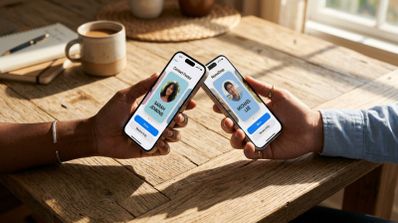 Dos iPhone acercando sus partes superiores para activar la animación de NameDrop