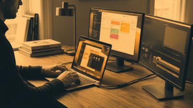 Persona trabajando con un MacBook conectado a dos monitores externos que muestran diferentes aplicaciones de gestión y edición.