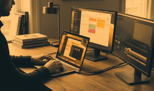 Persona trabajando con un MacBook conectado a dos monitores externos que muestran diferentes aplicaciones de gestión y edición.
