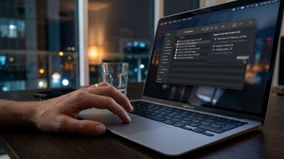 Primer plano de una mano utilizando el trackpad de un MacBook Air con una ventana del Finder abierta que muestra el menú de Sugerencias de nombre (IA).