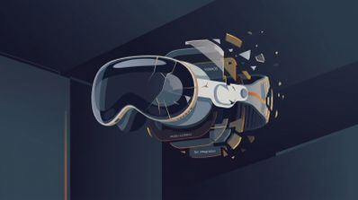 Ilustración de unas gafas de realidad mixta Apple Vision Pro con el cristal frontal agrietado y piezas saltando por los aires, incluyendo etiquetas de visionOS, Siri y audio.