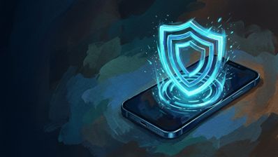 Ilustración de un teléfono móvil sobre el que emerge un escudo holográfico de color cian brillante como símbolo de protección de datos y seguridad.