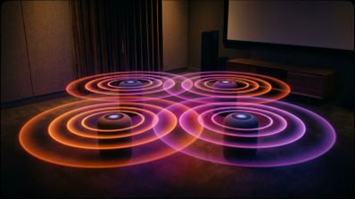 Cuatro altavoces HomePod colocados en una sala de cine en casa con ondas de sonido concéntricas en tonos violeta y naranja que se entrelazan.