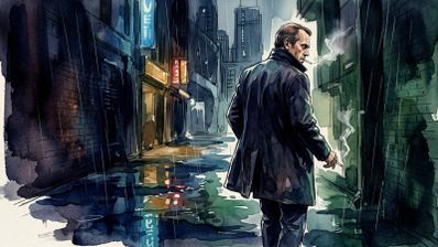 Ilustración estilo acuarela de Hugh Laurie de espaldas en un callejón oscuro y lluvioso fumando un cigarrillo.