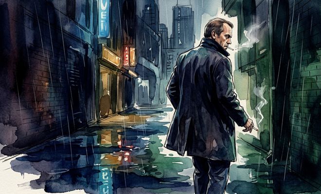 Ilustración estilo acuarela de Hugh Laurie de espaldas en un callejón oscuro y lluvioso fumando un cigarrillo.