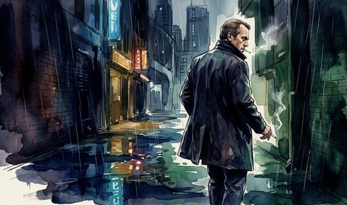 Ilustración estilo acuarela de Hugh Laurie de espaldas en un callejón oscuro y lluvioso fumando un cigarrillo.
