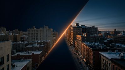 Composición dividida de una calle de Nueva York que muestra una comparativa de edición fotográfica nocturna y al atardecer.